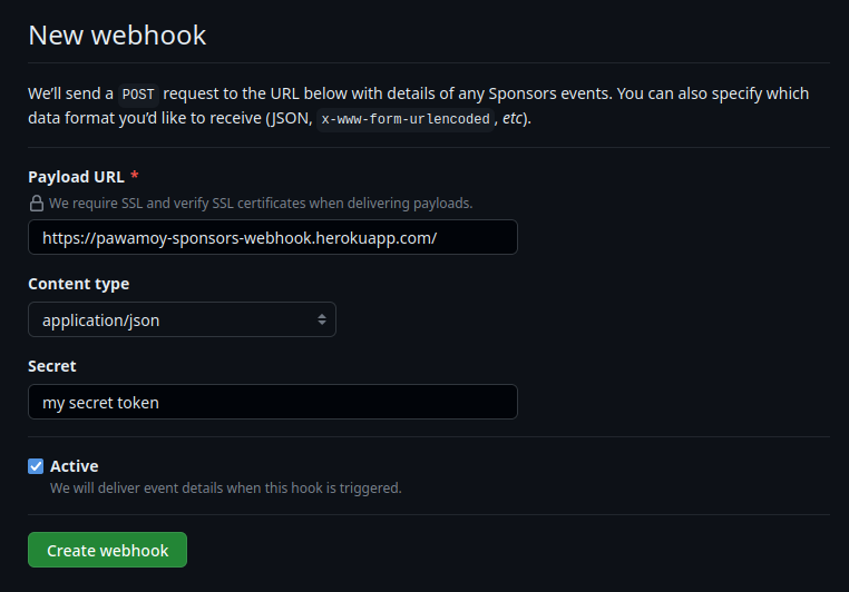 GitHub form to create a sponsors webhook.